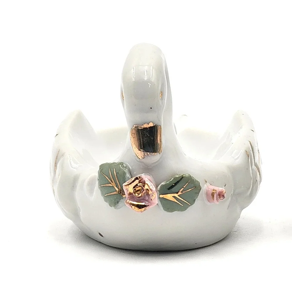 White Porcelain Swan Trinket Dishes Pink Roses Gold Trim Vanity Decor Set of 2